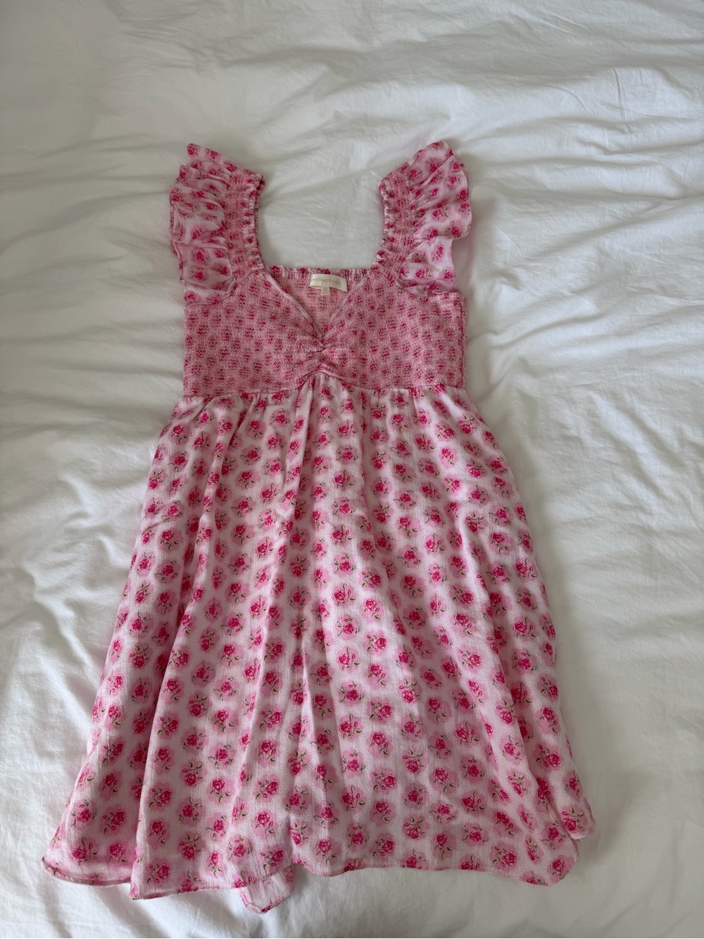 LoveShackFancy Pink Floral Smocked-Top Dress